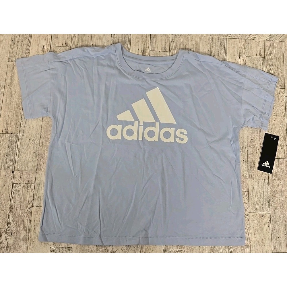Adidas Shirt LARGE (14) Girls Boxy Cut Short Sleeve Purple Logo Spellout NEW